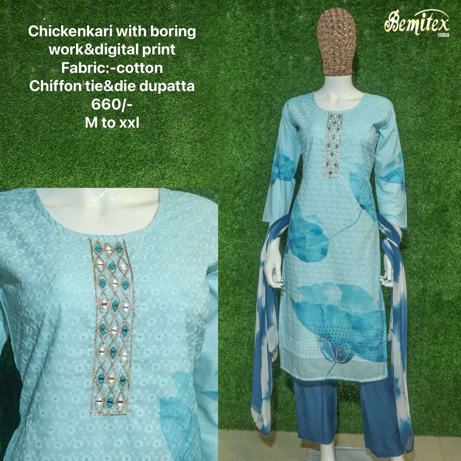 PURE COTTON CHIKANKARI WITH DIGITAL PRINT ORIGANAL MIRROR WORK WHOLESALE KURTI PANT DUPATTA